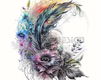 Feather and Flowers Tattoo Design: High-Resolution Stencil (Digital Download)