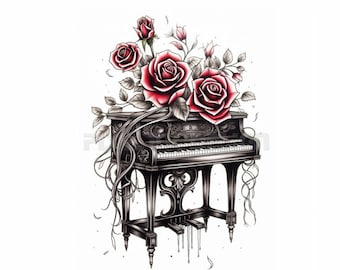 Red Roses on the Piano Tattoo - Transparent background - Download Detailed High Resolution Image PNG File and Light JPG File