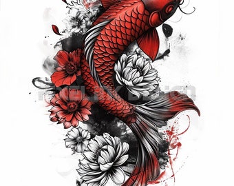 Koi Fish Tattoo Design - Download High Resolution Digital Art PNG Transparent Background | Printable SVG Tattoo Stencil