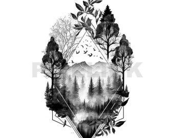 Diseño de tatuaje geométrico de naturaleza - Descarga arte digital PNG de alta resolución con fondo transparente / Plantilla de tatuaje SVG imprimible