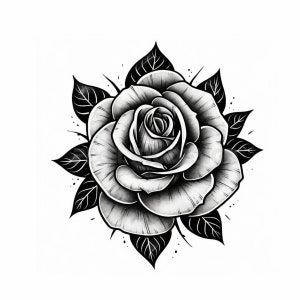 Rose With Leafs Tattoo - White background - Download High Resolution Digital Art PNG Transparent Background | Printable SVG Tattoo Stencil