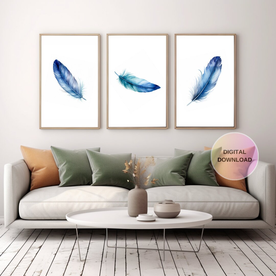 Feather Art, Navy Wall Decor, Blue Modern Poster, Minimalist Canvas Set of 3, Anniversary Gift