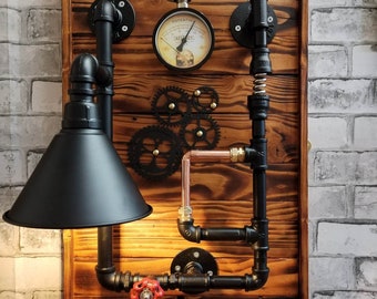 Coggs and copper industrial wall sconce, Steampunk