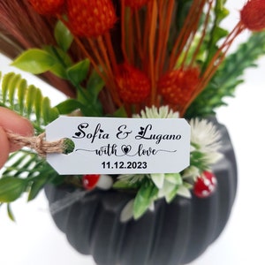 Etiquettes kraft brunes ou blanches, étiquettes de cheminée personnalisées, mariage M. et Mme Love, étiquettes cadeaux de mariage kraft personnalisées, merci