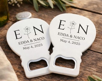 Personalized Magnet Bottle Opener Wedding Favor – Custom Name & Date – Minimal Bridal Shower Gift