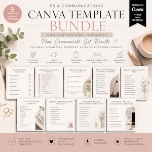 May include: A digital PR and communications Canva template bundle featuring nine professional documents including a PR planning workbook, campaign planning workbook, media outreach checklist, press conference planner, and brand communication plan.