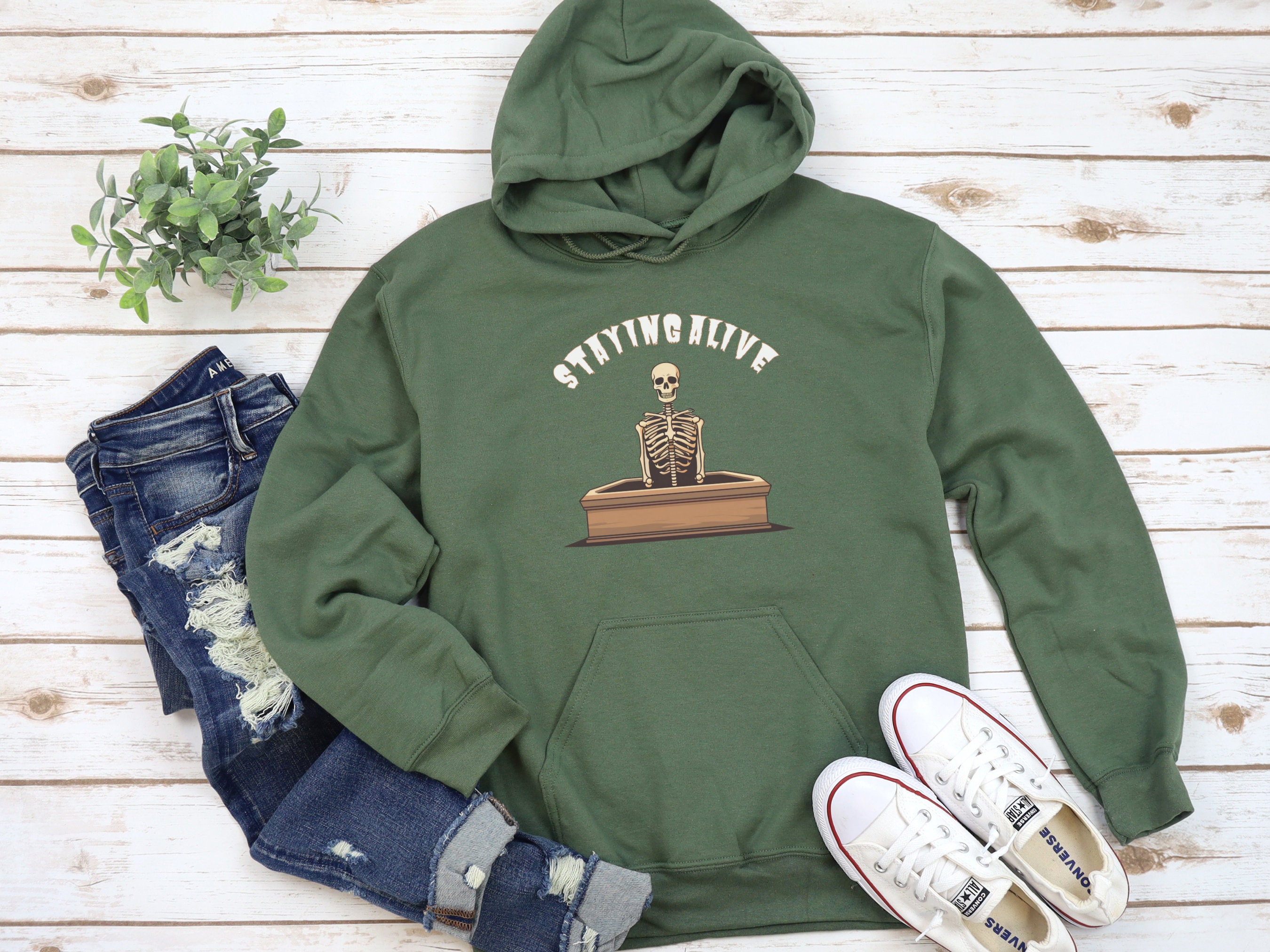 Discover Halloween Skeleton Hoodie, Funny Hooded Sweatshirt, Staying Alive, Spooky Season Sweater, Cute Halloween Coffin, Gift for Him Her, Unisex