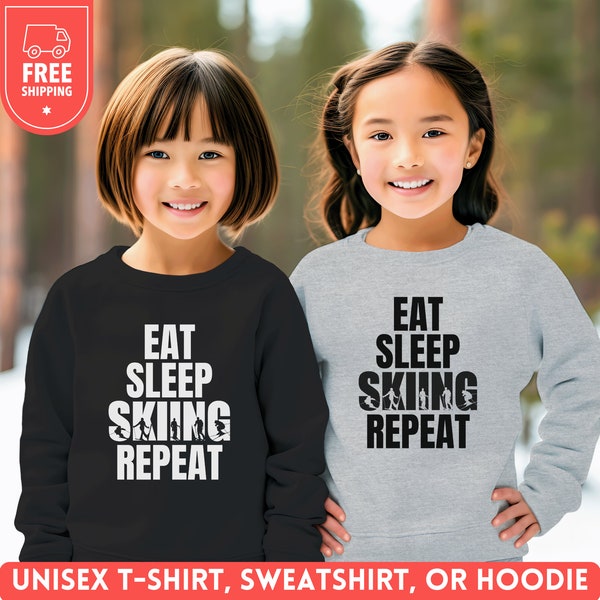 Eat Sleep Skiing Repeat Sweater, Kids Skiing Sweatshirt, Funny Youth Shirt, Birthday Crewneck Tee, Child Ski Lover Gift, Unisex Skier Hoodie