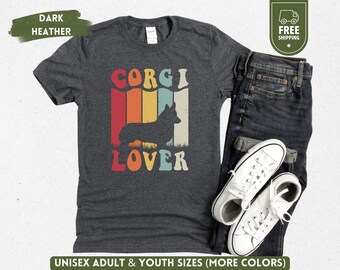 Camiseta Corgi, fuente Groovy, regalo divertido para amantes de los Corgi, Corgi retro vintage, mamá Corgi, camiseta de colores cómodos, cuello redondo para amantes de los Corgi, papá perro
