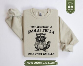 Smart Fella or Fart Smella Sweatshirt, Raccoon Sweater, Funny Meme Hoodie, Trash Panda, Weird Gifts, Dank Meme, Silly Crewneck, Raccoon Joke