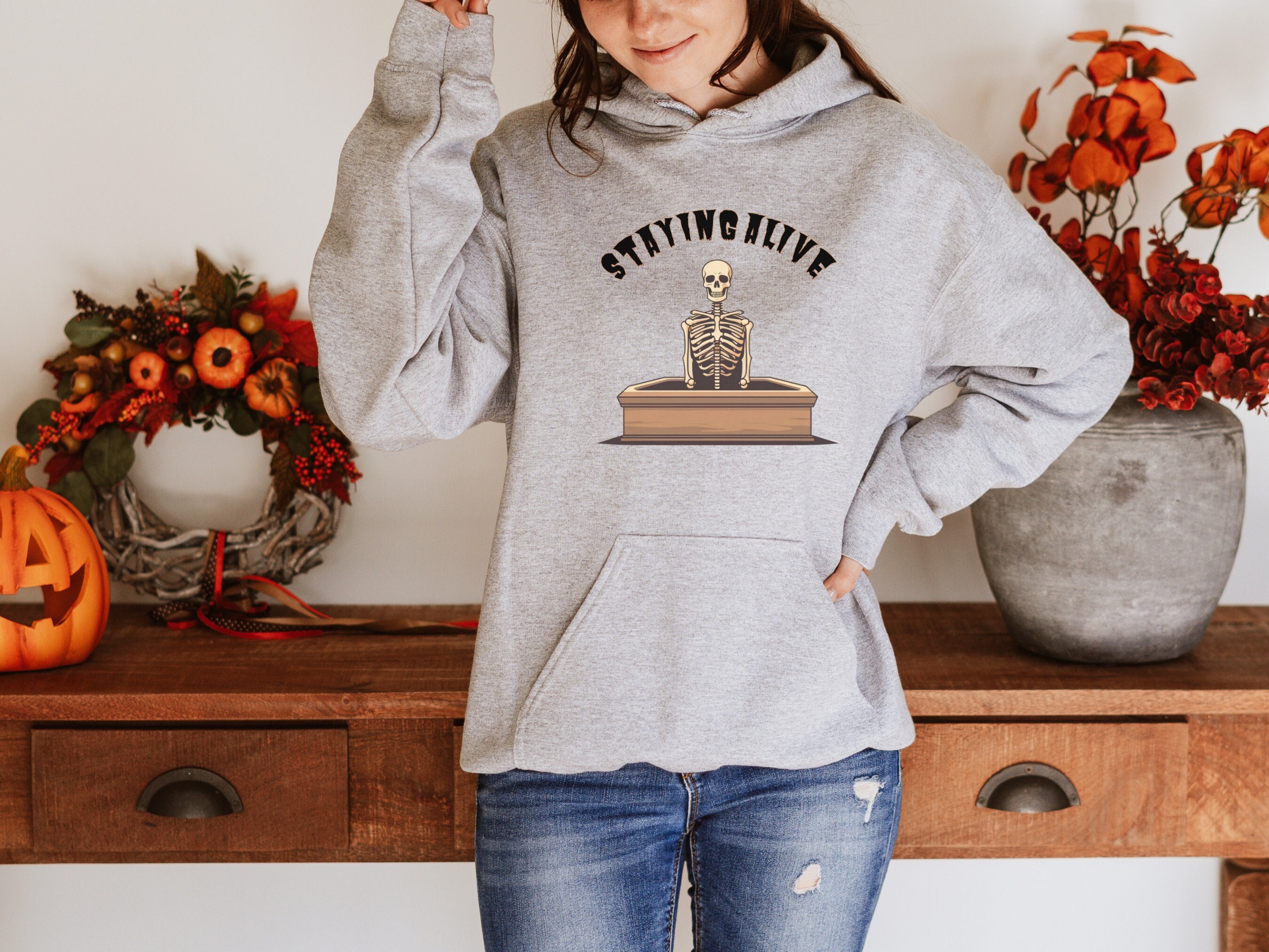 Discover Halloween Skeleton Hoodie, Funny Hooded Sweatshirt, Staying Alive, Spooky Season Sweater, Cute Halloween Coffin, Gift for Him Her, Unisex