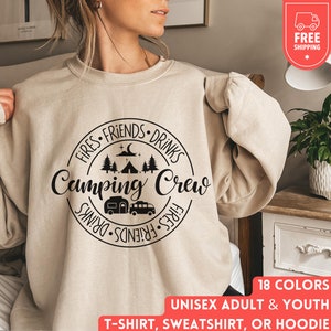 Camping crew sweater, hoodie natuurliefhebber, wandelsweater, bijpassend familiecadeau, groepskamp camperreis, shirt kinderen buiten, uniseks cadeau