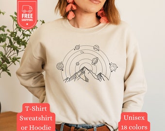Sweatshirt bergen en planeten, shirt astronomieliefhebber, ruimtehoodie, hemelse trui, zonnestelsel ronde hals, Galaxy cadeau, uniseks heden