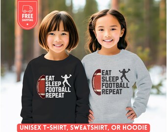 Funny Youth Football Hoodie, Kids Football Sweatshirt, Eat Sleep Repeat Shirt, Birthday Crewneck Tee, Team Group Player Gift, Unisex Sweater