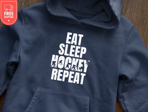 Funny Youth Hockey Hoodie, Kids Hockey Sweatshirt, Eat Sleep Repeat Shirt, Game Day Crewneck Tee, Team Player Group Gift, Unisex Sweater