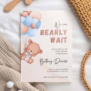 Editable Teddy Bear Balloon Baby Shower Invitation Neutral Teddy Bear Baby Shower We Can Bearly Wait Instant Download