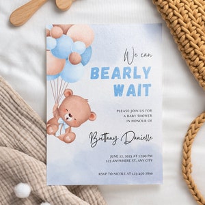 Editable Teddy Bear Balloon Baby Shower Invitation Boy Blue Teddy Bear Baby Shower We Can Bearly Wait Instant Download