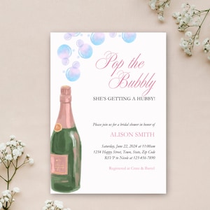 Bewerkbare Pop the Bubbly Ze krijgt een Hubby Bruidsdouche-uitnodiging, Champagne Bruidsdouche-uitnodiging, Instant Download, Canva-sjabloon