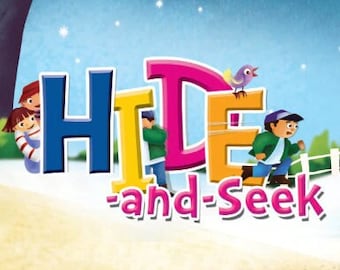 May include: A colorful illustration of the words "Hide-and-Seek" with children playing in a field. The illustration is in a cartoon style with bright colors and a whimsical feel.