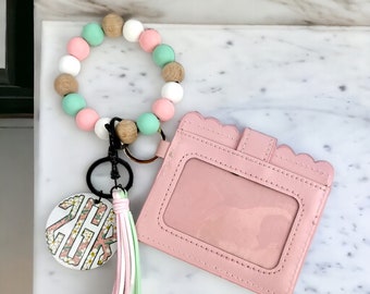 Pastel Bead Keychain Custom Wood and Silicone Bead Wristlet Keychain Monogrammed Wristlet Personalized Pastel Keychain Wristlet with wallet