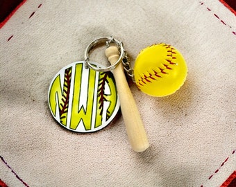 Softball Keychain Monogrammed Softball Keychain Ball and Bat Key Holder Gift for Softball Mom Gift for Softball Player