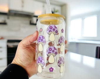 Retro Mushroom glass tumbler Purple mushroom glass can Iced Coffee cup Spring tumbler Boho coffee glass Gift for woman Gift for teen girl