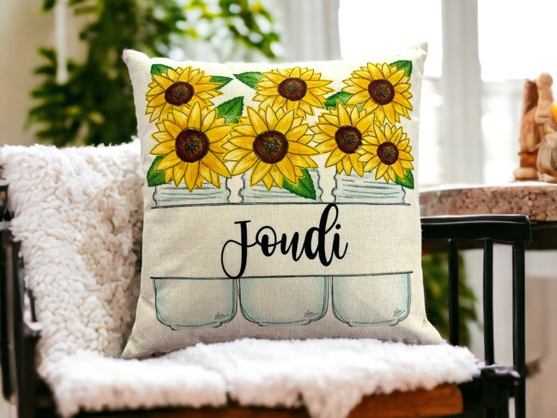 Personalized Pillow with name Sunflower decor Custom Fall pillow cover Fall Decor Sunflower room theme gift for mom image 2