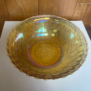 Large Vintage Carnival Glass Peach Iridescent Basket Weave Bowl