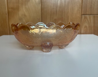 Vintage 1950&#39;s Floragold Louisa Iridescent Peach Footed Bowl Jeannette Glass