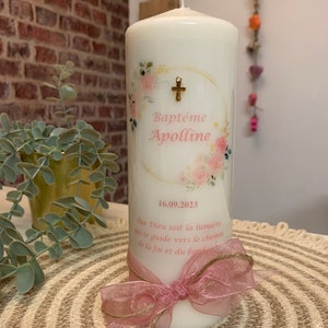 APOLLINE candle - Personalized baptism candle with Pink Peach theme, organza and jute ribbon - baptism candle - wedding candle - communion