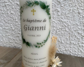 Bougie GIANNI personnalisée thème Vert couronne eucalyptus pour baptême ou mariage - bougie parrain marraine - cadeau invités