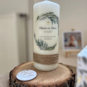 Personalized Juliann candle with green eucalyptus and olive leaves theme for baptism or wedding - godfather godmother candle - guest gift