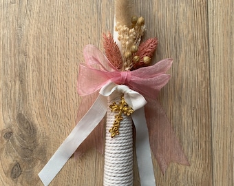 Cierge MELODY - Cierge de baptême thème Rose décoré avec fleurs séchées et ruban noeud - cierge des rameaux - cierge de Pâques