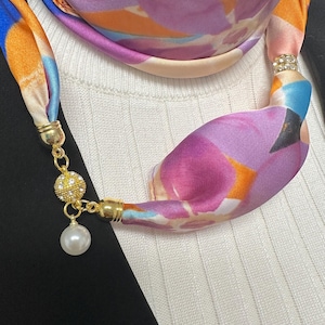 Broach charm scarf, scarf gift box, Satin silk feeling floral scarf gift, magnetic charm easy to wear scarf, birthday gift