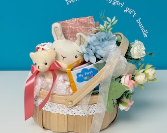 Baby girl gift set, 8pc newborn baby gift, baby shower gift box, new mom flower gift basket, bunny rattle, nursing cover set, baby book