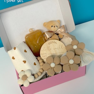 Newborn gift box, 7pc baby girl shower hamper, hello world sign, flower turban for baby, flower socks for baby, baby girl gift bundle