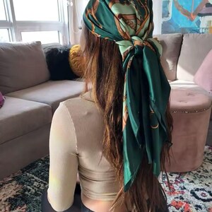 Head scarf, 35.4” 90cm big square green scarf, hair scarf, bandanna, hijab scarf gift box,cross charm, shawl scarf