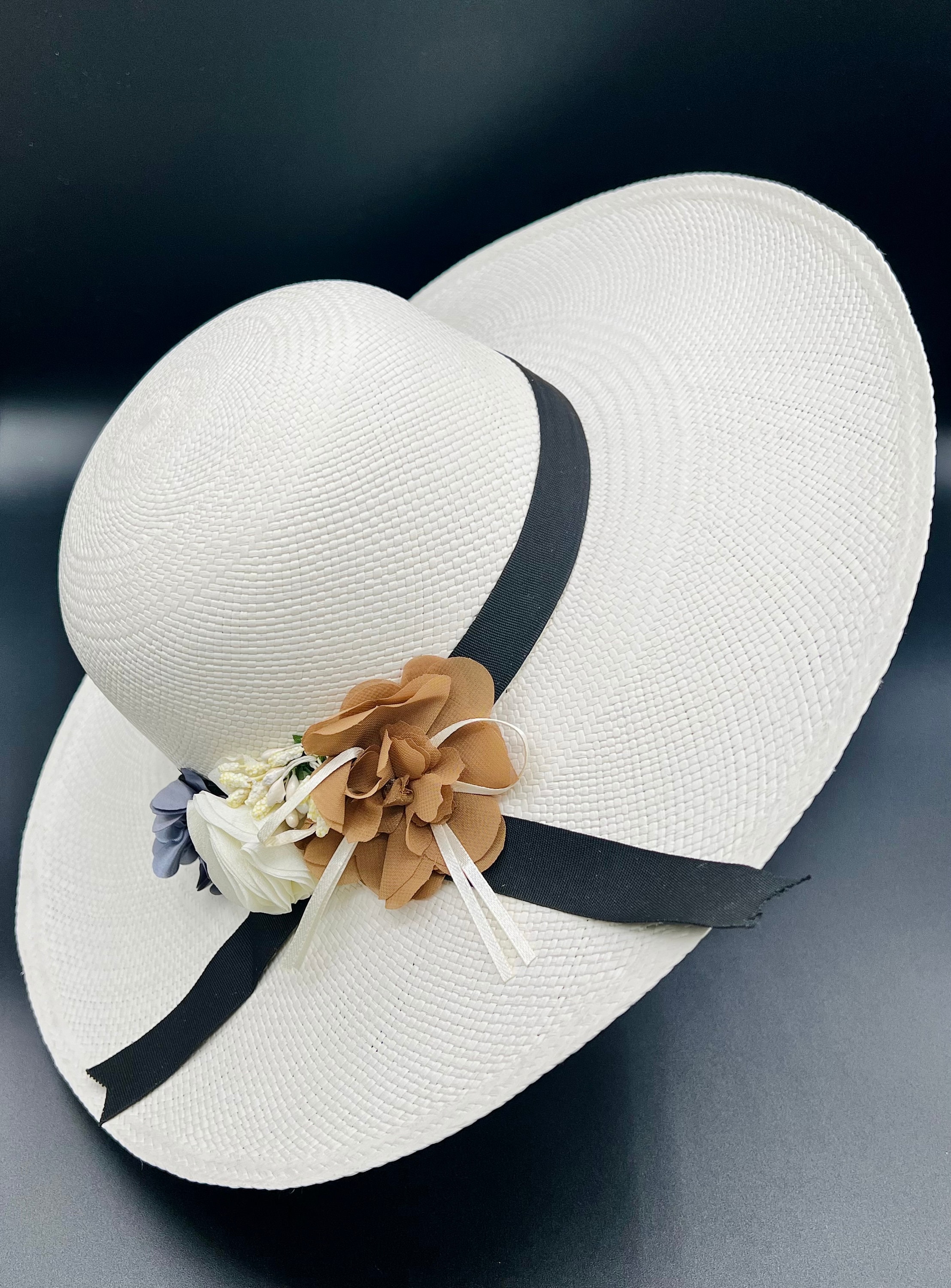 Handwoven Toquilla Straw Panama Hat, Black Ribbon & Flowers