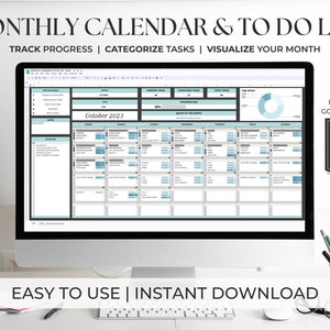 Feuille de calcul de calendrier mensuel modifiable | Calendrier automatisé et suivi du temps | Modèle de liste de tâches | Planificateur de tâches | Planificateur numérique 2023