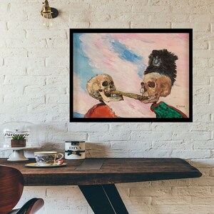 May include: A painting of two skeletons, one wearing a military hat, with a long bone connecting their mouths. The background is a pink and blue sky with clouds. The painting is signed "KNEAF" in the bottom right corner.