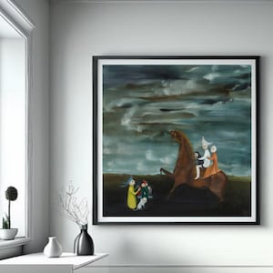 May include: A painting of a group of people riding a brown horse against a stormy sky background. The horse is brown with a white mane and tail. The people are wearing colorful clothing and are looking up at the sky. The painting is framed in black.