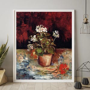 May include: A still life painting of a white geranium plant in a terracotta pot, with red flowers in the foreground. The painting is done in a loose, impressionistic style, with visible brushstrokes.