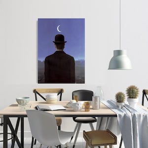 May include: A painting of a man in a bowler hat standing in a field with a crescent moon in the sky.