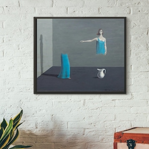 May include: A surrealist painting depicting a woman in a blue dress floating in a room with a blue dress on the floor and a white pitcher on a table.
