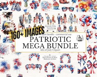 160+ PNG Patriotic Mega Bundle Watercolor 4th Of July Clipart | Red, White & Blue Digital Scrapbooking Graphics Independence Day Clip Art