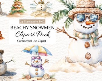 Beachy Christmas Snowmen Clipart, Tropical Sand Snowman & Xmas Trees PNG, Holiday Clip Art for Sublimation, Crafts, Commercial Use