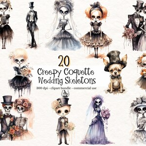 Pacote de clipart de casamento de noivos esqueletos, coquete gótico PNG Dia de los Muertos Arte assustadora Halloween Junk Journal Gráficos Sublimação