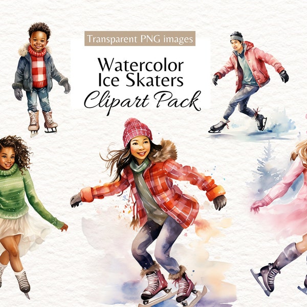 Clipart filles de patinage sur glace, clipart hiver mixte pour des dessins ou des invitations de sublimation, scrapbooking imprimable PNG, fabrication de cartes en papier