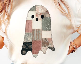 Patchwork Ghost PNG, Halloween Vintage Quilt Ghost Sublimation, Mysig Spooky höstskjortadesign, Retro Coquette Halloween-grafik, Höst PNG