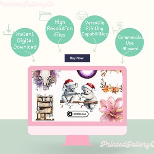May include: A computer screen displaying a digital download of watercolor illustrations featuring a variety of images, including a skull, a bookshelf, a wreath, a flower, and two koalas. The text on the screen reads "Download".